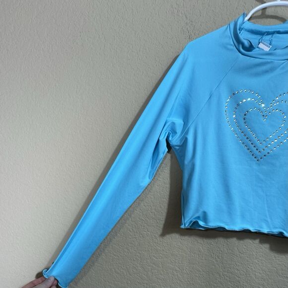 LoveShackFancy x Hurley Blue Rhinestone Heart Long Sleeve Rash Guard Top Size S - Picture 6 of 11